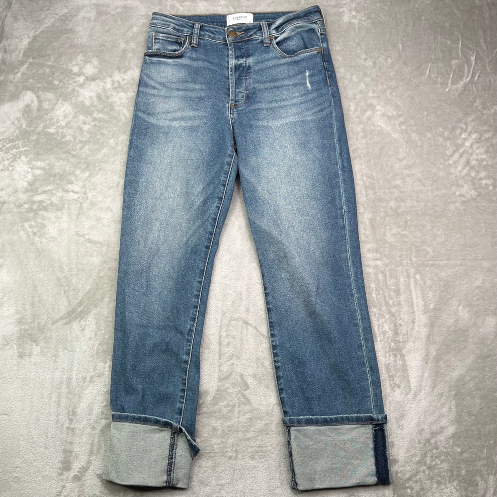 Evereve The Ever Straight Jeans Womens 29 Blue Solid High Rise Stretch‎ Cuffed